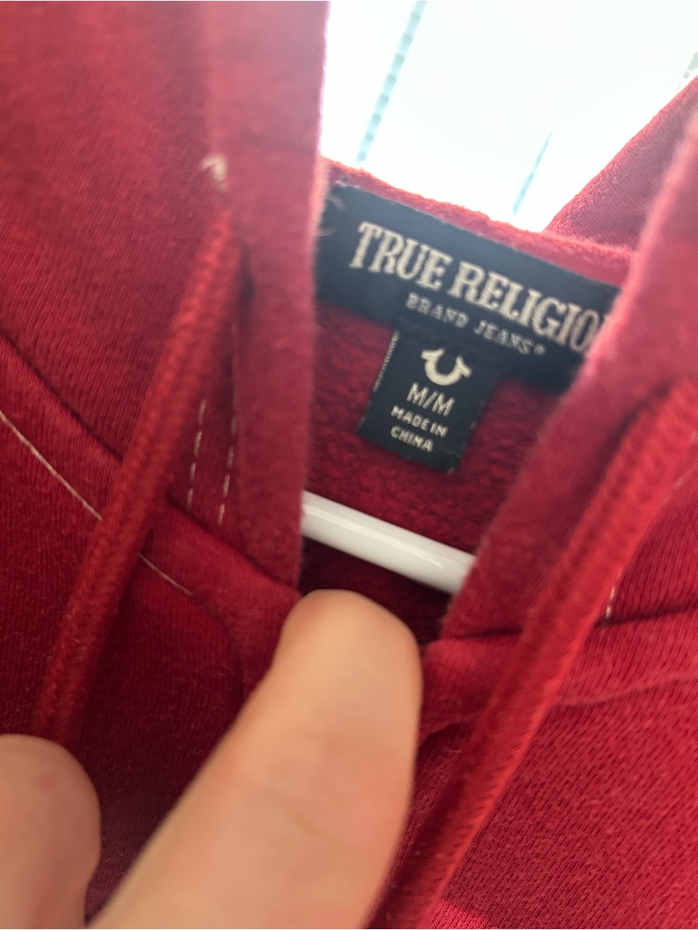True Religion Red Pullover Hoodie with Contrast Stitching Men’s Med